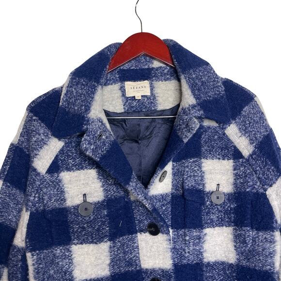 Sezane Joe Coat Blue White Check wool blend Coat Sz 36 US 4 - Picture 4 of 10
